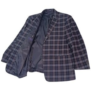 Saddlebred Mens 50R Blazer Navy Blue Grey Plaid 100% Cotton Sport Coat Jacket